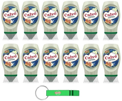 12x Calvé Tzaziki Sauce,Würzsoße auf Basis von Gurken und Knoblauch,Glutenfrei Würzsauce,Top Down 250ml + Beni Culinari Kostenloser Schlüsselanhänger von Beni Culinari