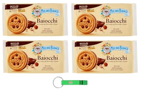 4x Mulino Bianco Baiocchi, Kekse gefüllt mit Haselnusscreme und Kakao - Biscuit Snack 336g Packung,Jede Packung enthält 6 Einzelportionen à 56g + Beni Culinari Kostenloser Schlüsselanhänger von Beni Culinari