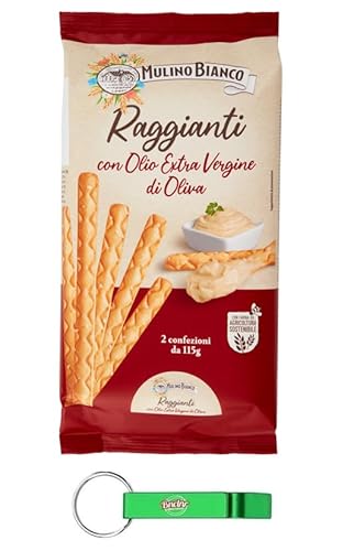 8x Mulino Bianco Raggianti - Grissini vom Typ 0 mit Extra Nativem Olivenöl– Knusprig und Voller Geschmack - Snack Breadsticks 230g Packung + Beni Culinari Kostenloser Schlüsselanhänger von Beni Culinari