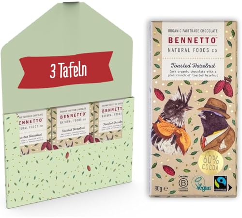 Bennetto - 3x 80g Vegane Schokolade Haselnuss I Muttertagsgeschenk I 60% Zartbitter I Schweizer Bio & Fairtrade Schokolade in Geschenkbox I Glutenfrei, palmölfrei & nachhaltig von Bennetto