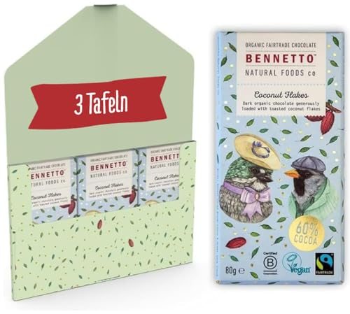 Bennetto - 3x 80 g Vegane Osterschokolade Kokos I 60% Zartbitter-Schokolade I Schweizer Schokolade I Bio Fairtrade Osterschokolade zum Verschenken mit Geschenkbox I Glutenfrei, palmölfrei & nachhaltig von Bennetto