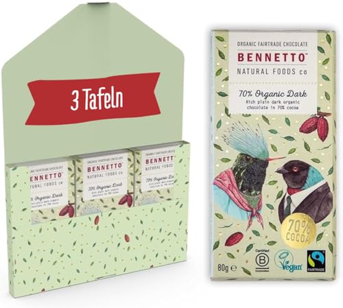 Bennetto - 3x 80g Vegane Schokolade Dunkel I Muttertagsgeschenk I 60% Zartbitter I Schweizer Bio & Fairtrade Schokolade in Geschenkbox I Glutenfrei, palmölfrei & nachhaltig von Bennetto