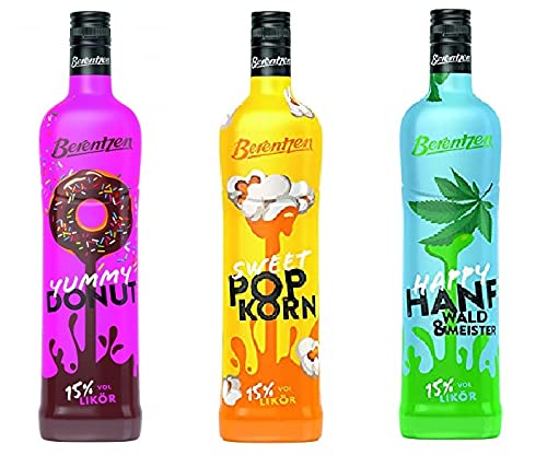 3 Flaschen Berentzen Mix Yummy Donut/Sweet Popkorn/Happy Hanf Waldmeister 15% Vol. Klarer + limeted Edition von Berentzen