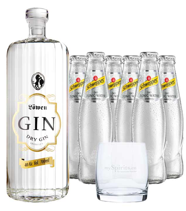 Löwen Dry Gin & 6 x Schweppes Dry Tonic Water & Glas (40 % Vol., 1,9 Liter) von Bergbrennerei Löwen