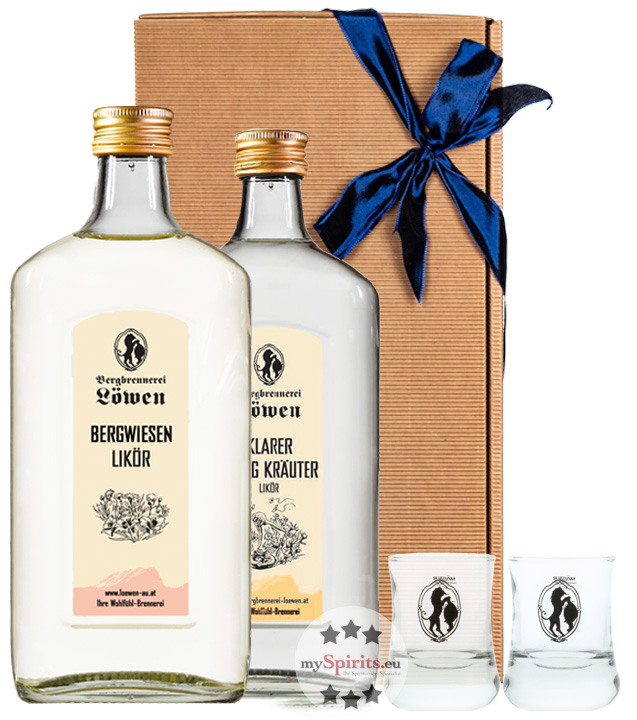 Löwen Geschenk-Set Kräuter- & Wiesen-Likör + 2 Stamperl (22 & 32 % Vol., 1,0 Liter) von Bergbrennerei Löwen