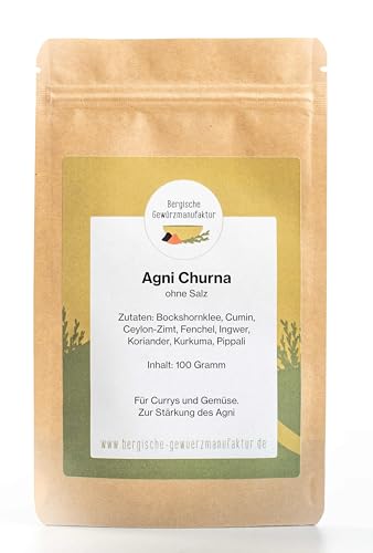 Agni Churna - Ayurvedische Gewürzmischung zur Stärkung des Agni. Für Currys und Gemüse mit echtem Pipali, ohne Salz. 100 Gramm von Bergische Gewürzmanufaktur