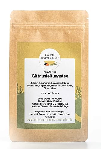 Giftausleitungstee – Kräutertee zur Begleitung einer Chemotherapie mit Schafgarbe, Brennnesselblätter, Löwenzahn, Hagebutten, Minze, Holunderblüten, Birkenblätter Giftausleitungstee – Kräutertee zur Begleitung einer Chemotherapie mit Schafgarbe, Brennnesselblätter, Löwenzahn, Hagebutten, Minze, Holunderblüten, Birkenblätter von Bergische Gewürzmanufaktur