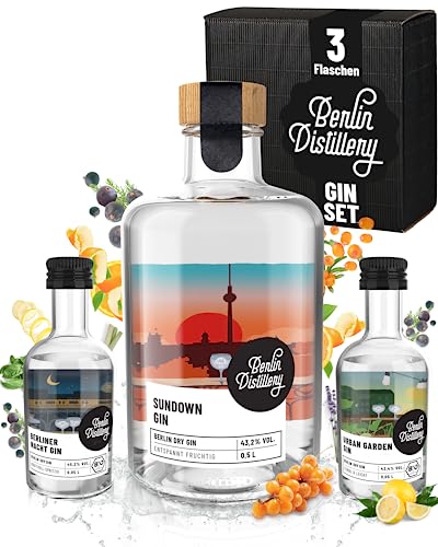 Berlin Distillery® Gin Set | 3 Premium Dry Gin Flaschen Box | mit 0,5 l Sundown Gin, 5 cl Berliner Nacht- & Urban Garden Mini Gin | handcraftet & small batch | regional Berlin | Gin Geschenkset von Berlin Distillery