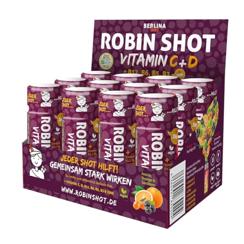 Berlina Robin Shot Vitamine Box – 12 Shots à 60ml, mit Aronia-, Orangen- und Sanddornsaft. Mit Vitaminen C, D, B3, B5, B6, B12 und Zink. Berlina Robin Shot Vitamine Box – 12 Shots à 60ml, mit Aronia-, Orangen- und Sanddornsaft. Mit Vitaminen C, D, B3, B5, B6, B12 und Zink. von Berlinashot