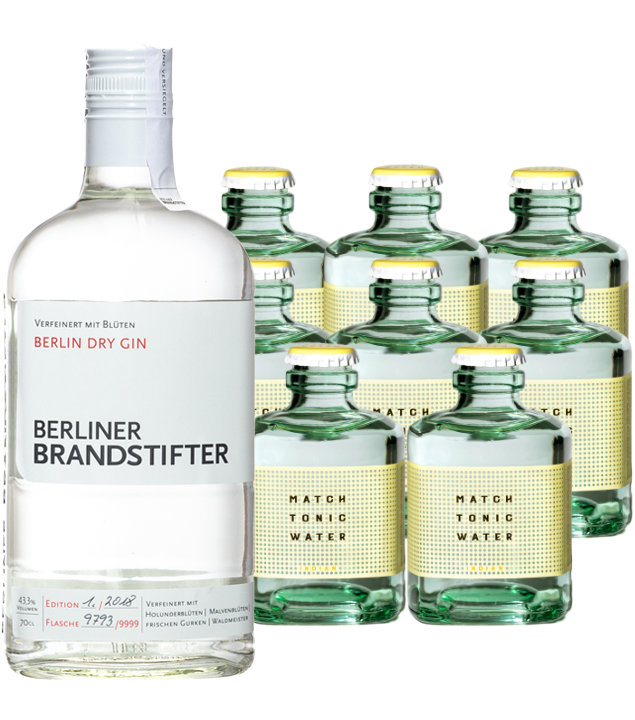 Berliner Brandstifter Gin & 8 x Match Indian Tonic Set (43,3 % vol, 2,3 Liter) von Berliner Brandstifter