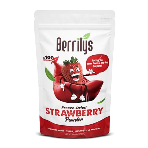 Berrilys Gefriergetrocknetes Erdbeerpulver, wiederverschließbare Packung, intensiver Erdbeergeschmack, kulinarische Vielseitigkeit, nährstoffreiche Güte in jedem Löffel, ideal zum Backen, 70 g Berrilys Gefriergetrocknetes Erdbeerpulver, wiederverschließbare Packung, intensiver Erdbeergeschmack, kulinarische Vielseitigkeit, nährstoffreiche Güte in jedem Löffel, ideal zum Backen, 70 g von Berrilys