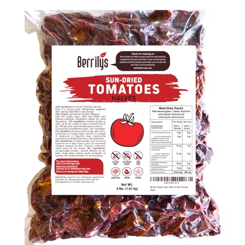 Berrilys Tomaten, sonnengetrocknet, 1.8 KG, gesalzen, kein Schwefel, keine Konservierungsstoffe, koscher, roh, ohne Gentechnik, erfordert Vorbehandlung oder Kochen vor dem Verbrauch von Berrilys