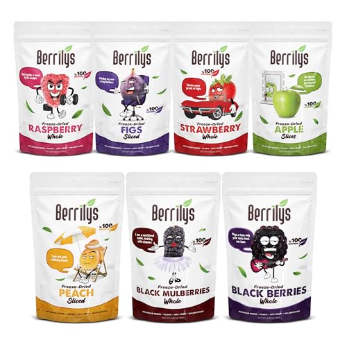 Berrilys gefriergetrocknetes Geschmackspaket, Feigen, Pfirsich, Apfel, Brombeere, schwarze Maulbeere, Himbeere, Erdbeere, gesunder Snack, ohne Zuckerzusatz, Packung mit 7 Stück, je 25gr Berrilys gefriergetrocknetes Geschmackspaket, Feigen, Pfirsich, Apfel, Brombeere, schwarze Maulbeere, Himbeere, Erdbeere, gesunder Snack, ohne Zuckerzusatz, Packung mit 7 Stück, je 25gr von Berrilys