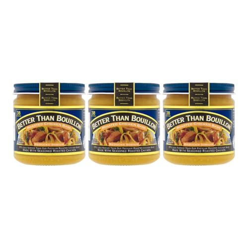 Better Than Bouillon Geröstete Hühnerbasis mit reduziertem Natrium, hergestellt mit gewürztem gebratenem Huhn und weniger Natrium, 38 Portionen pro Glas, 237 ml (3 Stück) von Better Than Bouillon
