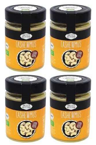 4er Spar Pack, Bio Premium Cashewmus, geröstet, 4 x 330 g, Cashewbutter ohne Zucker, Cashewpüree, natürliches Nussmus ohne Zusatzstoffe, aus Fairtrade-Bio-Cashews, cremiges Nussmus ohne Zucker von Betty Butter