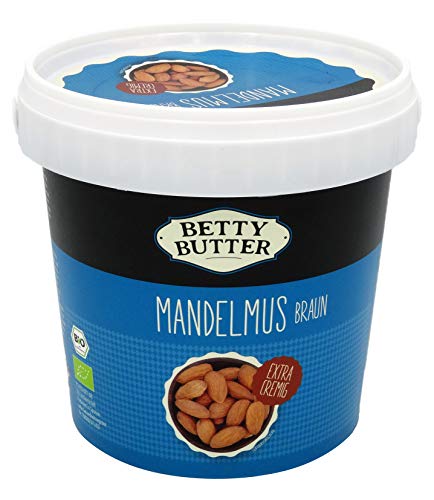 Bio Premium Mandelmus braun, geröstet, 1 kg Eimer, natürliches Nussmus ohne Zucker, Mandelmus ohne Zucker, Mandelpüree, Mandelbutter, ohne Zusatzstoffe, kein Palmöl von Betty Butter