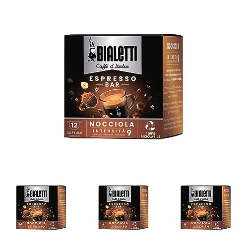 Bialetti Caffè d'Italia, Schachtel mit 12 Kapseln, Haselnussgeschmack, kompatibel mit Bialetti-Maschinen mit geschlossenem System, 100 prozent Aluminium (Packung mit 4) von Bialetti