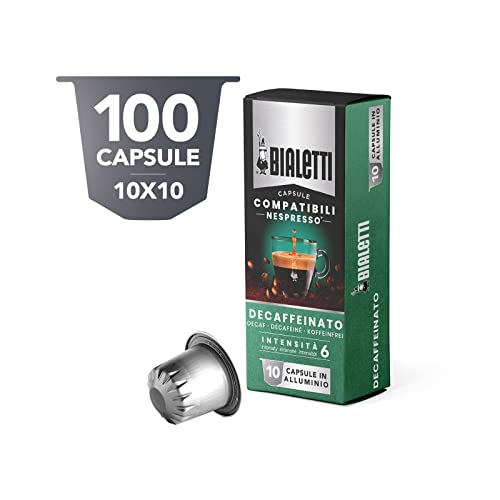 Bialetti Nespresso-kompatible Kapseln, entkoffeinierter Geschmack (Intensität 6), 100 Aluminiumkapseln (10 Packungen mit 10 Kapseln), 900 g von Bialetti