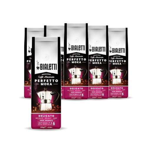 Bialetti - Perfetto Moka Delicato: Gemahlener Kaffee mit heller Röstung, Aroma von Blumen und Getrockneten Früchten, 250g x 6, Beutel mit Aromaventil von Bialetti