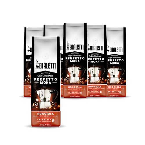 Bialetti - Perfetto Moka Nocciola: Gemahlener Kaffee mit mittlerer Röstung, Haselnuss-Aroma, 250g x 6, Beutel mit Aromaschutzventil von Bialetti