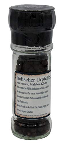 Indischer Urpfeffer, geräuchert, Bansura, Pfeffer-Spezialität von der indischen Malabar-Küste, inkl. Mühle von Biebelshofer