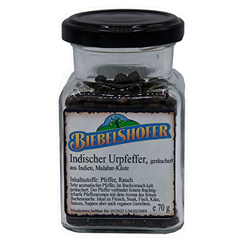 Indischer Urpfeffer, geräuchert, 70 g, in praktischem Vorratsglas, Bansura, Pfeffer-Spezialität von der indischen Malabar-Küste von Biebelshofer