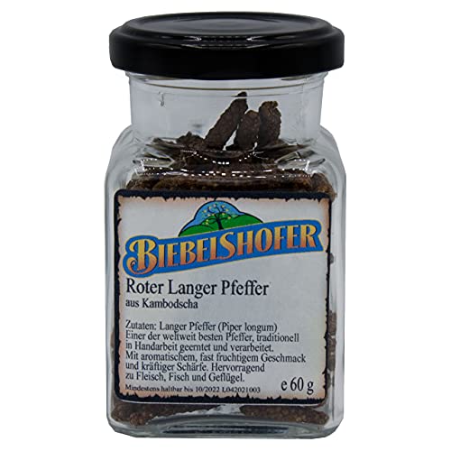 Langer Pfeffer, Rot, 60 g, im Vorratsglas, Stangenpfeffer, Pippali, Bengal-Pfeffer, Pfeffer-Spezialität von Biebelshofer