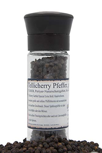 Tellicherry Pfeffer, handgeerntet, Malabar-Küste/Indien, 50g, inkl. Mühle mit Keramikmahlwerk von Biebelshofer