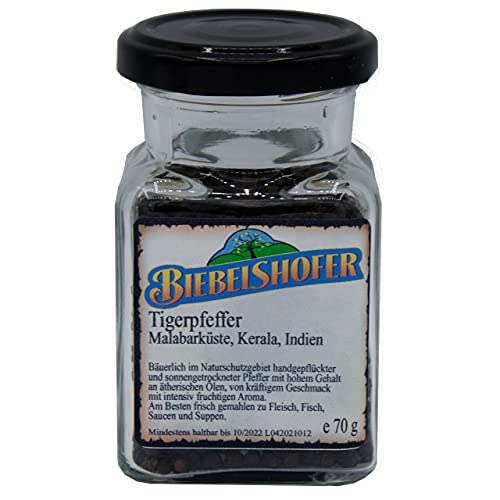 Tigerpfeffer 70 g, in Vorratsglas, Schwarzer Malabarpfeffer, Pfeffer-Spezialität von Biebelshofer
