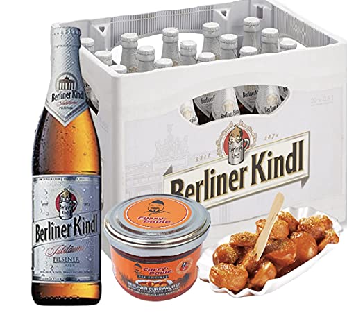 20 Flaschen Berliner Kindl Jubiläums Pils 0,5l inkl. Kasten und ein Glas original Berliner Currywurst vom legendären Curry Paule von Bier
