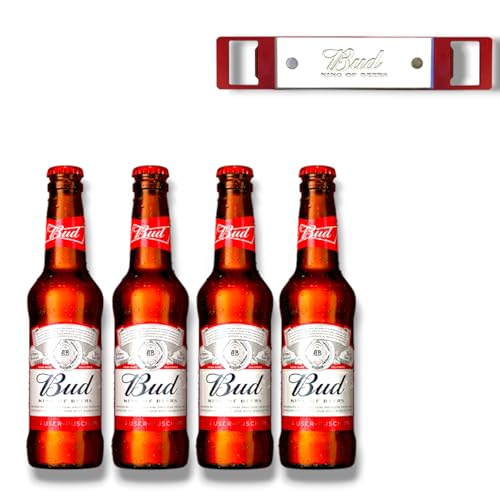 4 x Bud Bier 0,33l + Bud King of Beer Flaschenöffner - USA von Bier