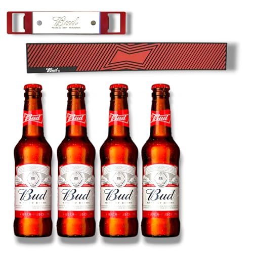 4 x Bud King of Bier 0,33l + Original Bud Bier Barmatte + Bud King of Beer Flaschenöffner von Bier