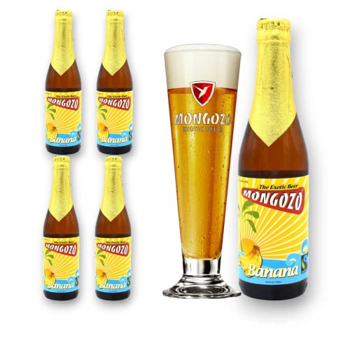 4x Mongozo Banana Bier 0,33l + Original Mongozo Glas - Bananenbier aus Afrika mit 4,5% Vol.- Geschenkset von Bier