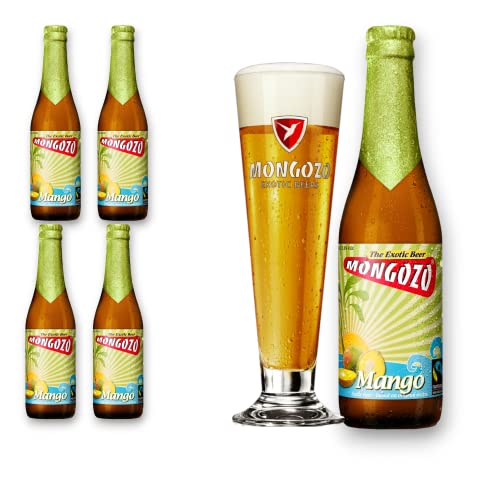 4x Mongozo Mango Bier 0,33l + Original Mongozo Glas - Mangobier aus Afrika mit 3,6% Vol.- Geschenkset von Bier