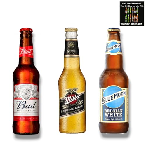 Bud Bier, Miller Genuine Draft & Blue Moon- Amerika Mix - USA 24 x 330ml - Inkl. Haus der Biere Berlin Bierdeckel von Bier