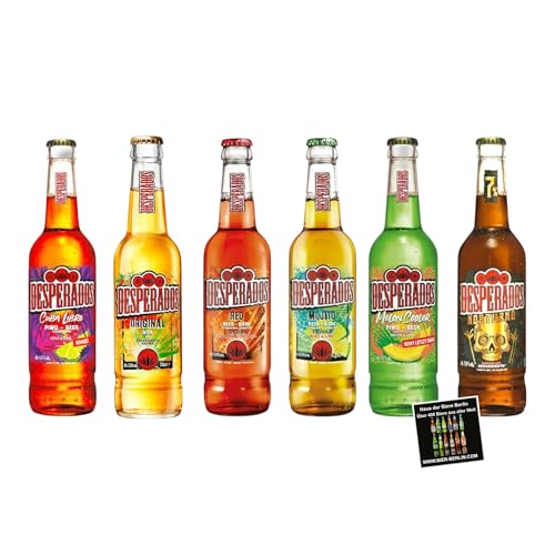 Desperados Mixpaket 6 x 400ml – 6 Sorten im Probierpaket inkl. Haus der Biere Berlin Bierdeckel – Original, Mojito, Red, Cuba Libre, Melon Cooler & Nocturno – Bier mit Tequila von Bier