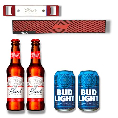 Je 2 x Bud Lager Flasche 0,33l + Bud Light Dose 0,35l + Original Bud Bier Barmatte + Bud King of Beer Flaschenöffner von Bier