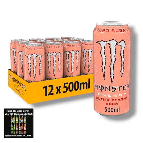 Monster Energy Ultra Peachy Keen - Zero Sugar Energy Drink- Neu! 12 x 500ml Dose- Inklusive Haus der Biere Berlin Bierdeckel von Bier