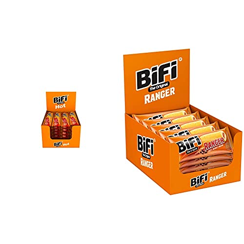 BiFi Hot – 40er Box (40 x 22,5 g) – Würziger Salami Fleischsnack – Geräucherte & pikante Mini Wurst & Ranger – 20er Pack (20 x 50 g) – Herzhafter Salami Snack im Teigmantel – Wurstsnack to go von Bifi