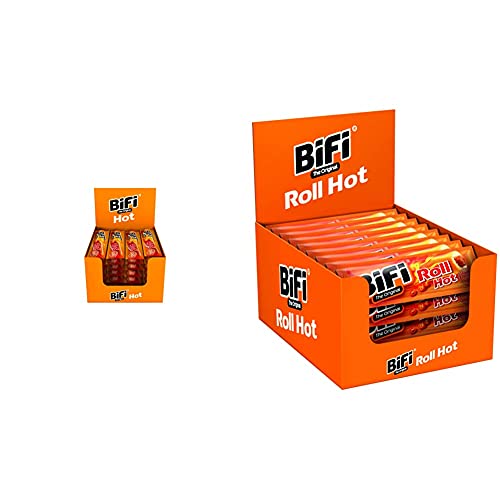 BiFi Hot – 40er Box (40 x 22,5 g) – Würziger Salami Fleischsnack – Geräucherte & pikante Mini Wurst & Roll Hot – 24er Pack (24 x 45 g) – Herzhafter, pikanter Salami Fleischsnack – Snack im Teigmantel von Bifi