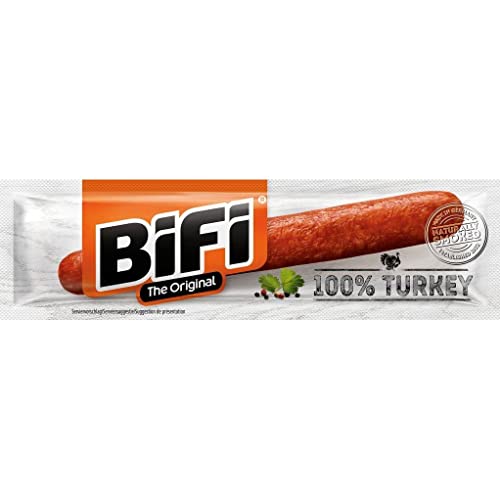 BiFi Turkey – 24er Pack (24 x 20 g) – herzhafter Truthahn–Salami Fleischsnack – Geräucherte & pikante Mini Wurst als Snack to go von Bifi
