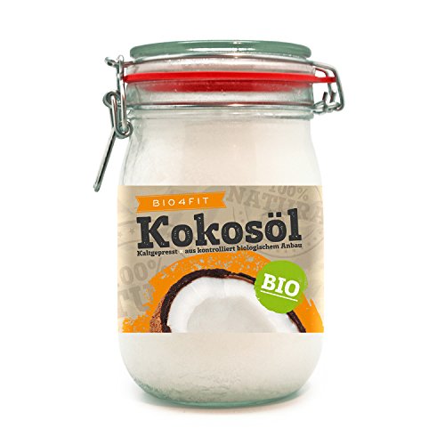 Bio4Fit Bio Kokosöl, nativ im Glas, 1kg Bio Kokosfett, Kokosnussöl, Premium, Nativ, Kaltgepresst, Rohkostqualität, Rein (1000ml) - zum Kochen, Braten und Backen, für Haare und Haut (Bügel Glas) von Duuous