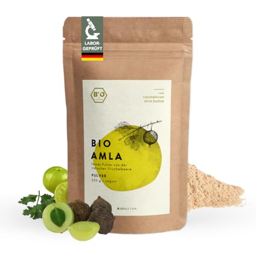 BIONUTRA® Amla-Pulver Bio 250 g, Amalaki (indische Stachelbeere) nach EU-ÖKO-Standard produziert, 2-Monatspackung, vegan, laktose- & glutenfrei, fair, Bio- und Rohkost-Qualität ohne Zusätze von BioNutra