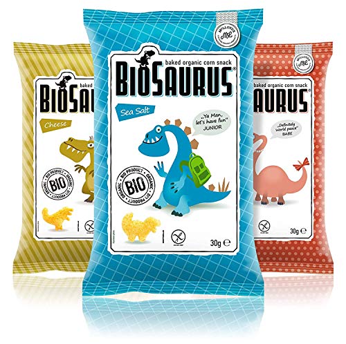Biosaurus Baked Organic Corn Snack - Gebackener Bio-Snack aus Mais, Nicht Frittiert, Glutenfrei - 16x30g (Mix Box) von BioSaurus