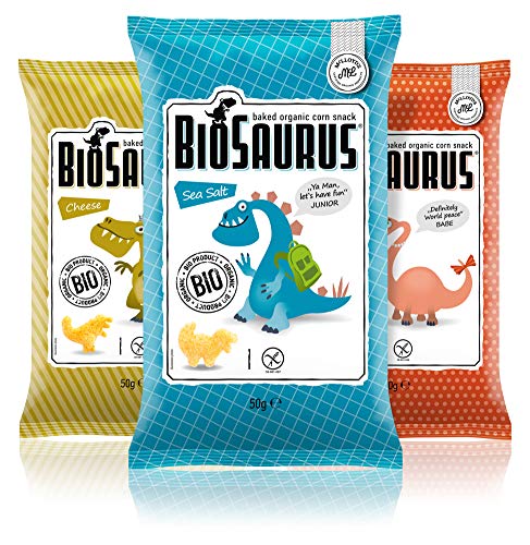 Biosaurus Baked Organic Corn Snack für Kinder - 12x50g (Mix Box) - Gebackener knusprige Bio-Snack aus Mais, Nicht Frittiert | Low Fat, Glutenfrei, BIO, keine Chemie | - 12x50g (Mix Box) von BioSaurus
