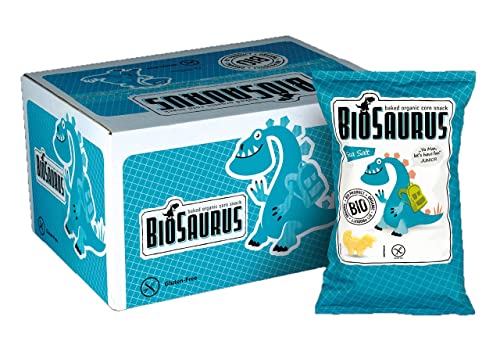 Biosaurus Baked Organic Corn Snack für Kinder - 16x30g (Salz) - Gebackener knusprige Bio-Snack aus Mais, Nicht Frittiert | Low Fat, Glutenfrei, BIO, keine Chemie, VEGAN | - 16x30g (Salz) von BioSaurus