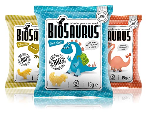 Biosaurus Baked Organic Corn Snack für Kinder - 30x15g (Mix Box) - Gebackener knusprige Bio-Snack aus Mais, Nicht Frittiert | Low Fat, Glutenfrei, BIO, keine Chemie | - 30x15g (Mix Box) von BioSaurus