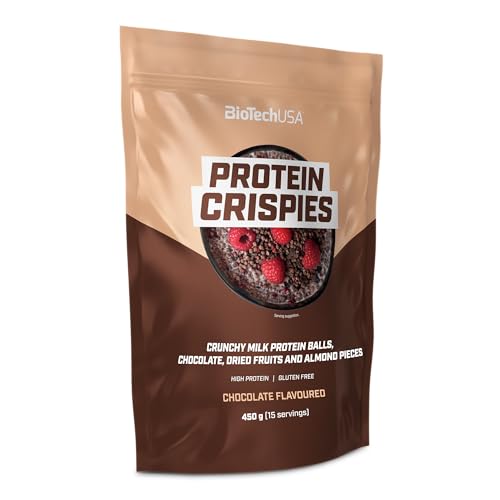 BioTechUSA Protein Crispies | Eiweißreiches Frühstück | Schokoladenraspeln | Trockenfrüchte und Mandelsplitter | Glutenfrei, 450 g, Schokolade von BioTechUSA