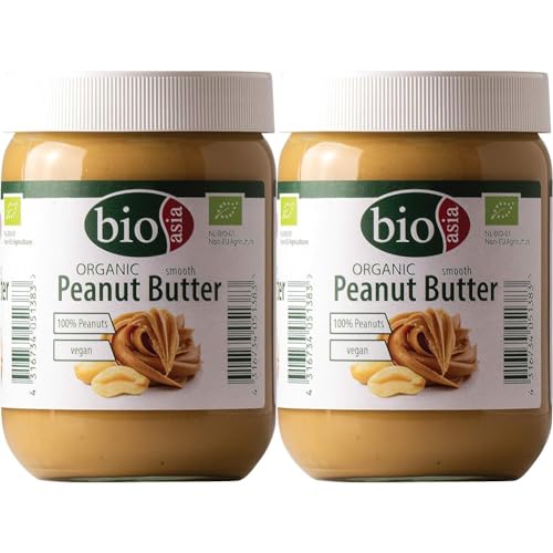 Bioasia Bio Erdnussbutter – Peanut Butter - aus 100% gerösteten Erdnusskernen, cremig, ohne Zusätze, im Glas, vegan und glutenfrei (1 x 500 g) (Packung mit 2) von Bioasia