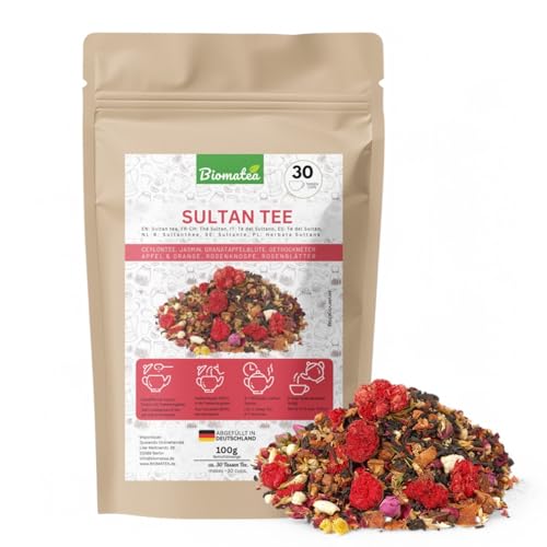 Biomatea 100g Sultan Tee | für 30 Tassen | Blütentee Mischungs-Tee | Ceylontee, Jasmin, Granatapfelblüte, Getrockneter Apfel & Orange, Rosenknospe, Rosenblätter von Biomatea